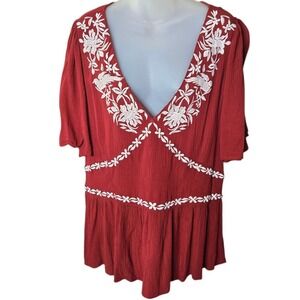 Knox Rose Boho Embroidered Peasant Top Womens Size XXL Red Floral Festival